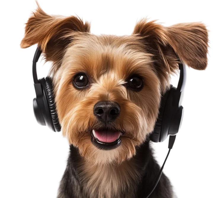 Happy dog wearing headphones